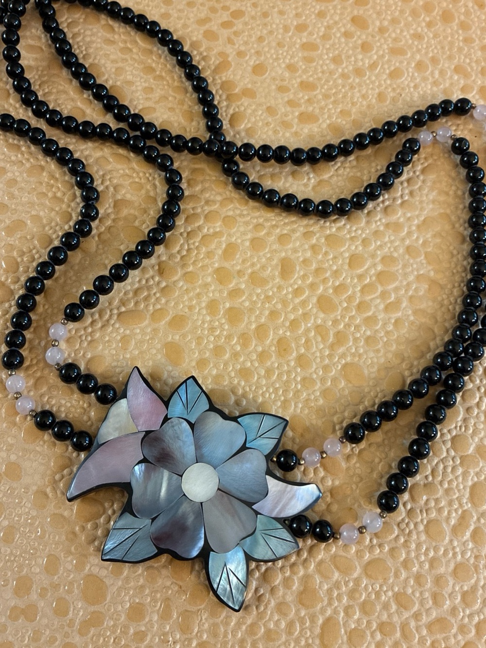 Vintage Lee Sands double strand beaded necklace with MOP inlay flower
